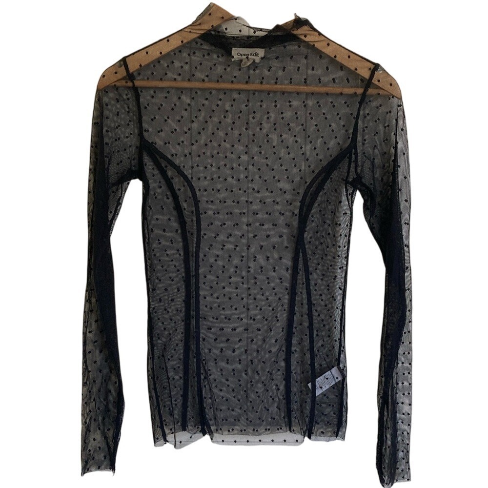 Open Edit Womens Sheer Black Lace Top‎ Size XS Long Sleeve Mock Neck Layering